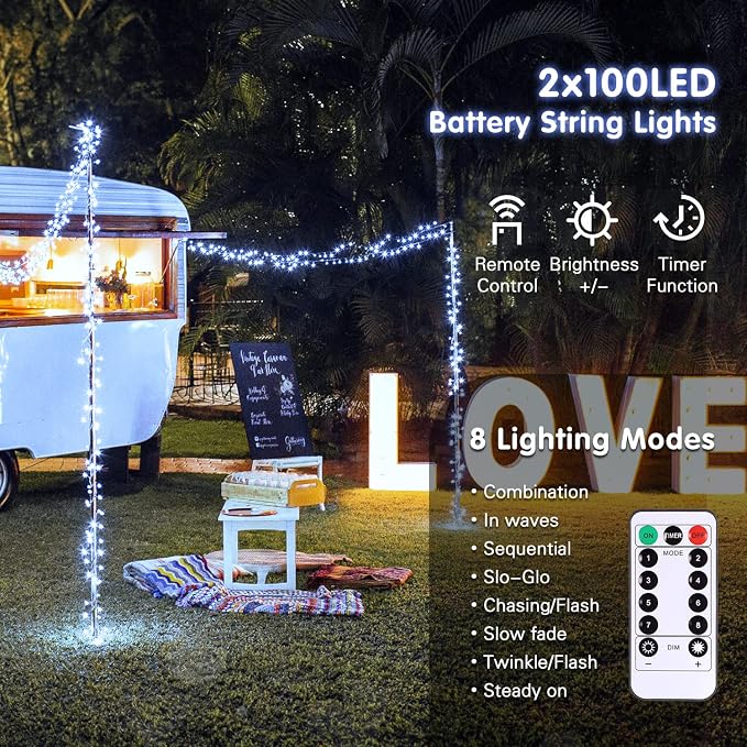 JMEXSUSS 2 Pack White Battery Operated String Lights, Each 33ft 100 LED | Wedding Lights Outdoor Indoor, 8 Modes Christmas Lights with Remote Waterproof for Wedding Front Porch Yard House Room Decor