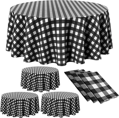 Disposable Checkered Tablecloth Round Plastic Buffalo Plaid Table Cloth 84'' Gingham Tablecover for Picnic Camping BBQ Graduation Party (White and Black, 3 Pieces)