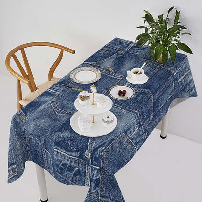 Denim Patchwork Print Style Tablecloth, Fashionable Denim Pattern Design (Not Denim Fabric) Water Resistant Table Cover for Farmhouse Picnic Party Holiday Kitchen Dinner Table 60"x120"