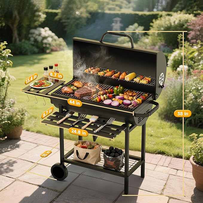 29" Barrel Charcoal Grill, Spacious Smoker Barrel Barbecue Grill with Side Front Table, Outdoor Barbecue Grills for Backyard, Camping, and Picnics, Black