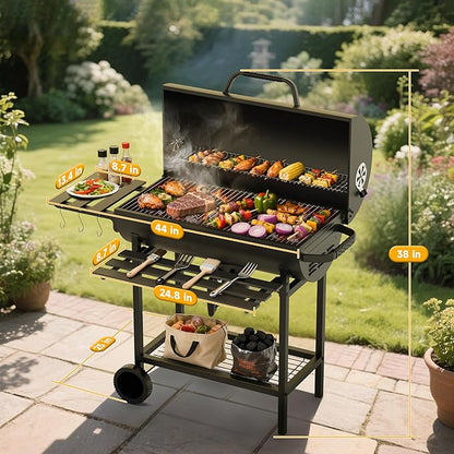 29" Barrel Charcoal Grill, Spacious Smoker Barrel Barbecue Grill with Side Front Table, Outdoor Barbecue Grills for Backyard, Camping, and Picnics, Black
