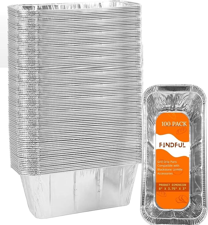 Findful 100-Pack Drip Pans Liners for Blackstone Griddle Accessories, Aluminum Foil Pan Disposable for 17" 22" 28" 36" Blackstone Griddle Drip Tray Holder Grill Rear Grease Catcher Cup