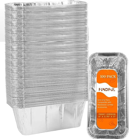 Findful 100-Pack Drip Pans Liners for Blackstone Griddle Accessories, Aluminum Foil Pan Disposable for 17" 22" 28" 36" Blackstone Griddle Drip Tray Holder Grill Rear Grease Catcher Cup