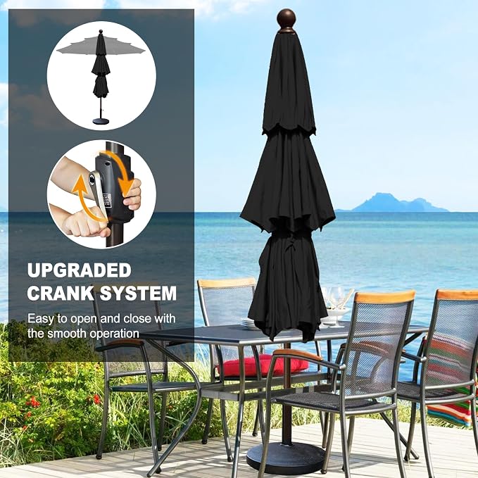 Eurmax USA 10-Year-Non-Fading 10FT 3-Tier Outdoor Patio Market Umbrella,UPF50+ UV Resistant,Heavy Duty Commercial Grade,Crank Lift Design,Windproof Vented Top for Garden,Pool,Deck,Black