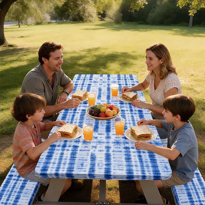 Picnic Table Cover with Bench Covers Windproof Waterproof Picnic Table Covers Camping Tablecloth with Self-Storage Bag, 72in, Blue Tie-dye