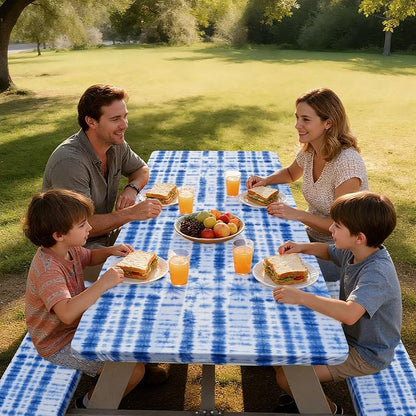 Picnic Table Cover with Bench Covers Windproof Waterproof Picnic Table Covers Camping Tablecloth with Self-Storage Bag, 72in, Blue Tie-dye