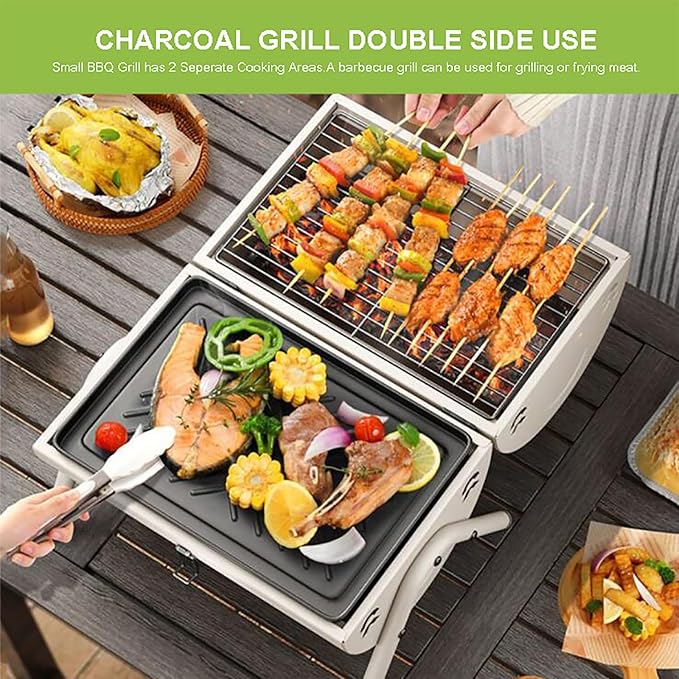 Portable Charcoal Grill,Small BBQ Grill with Smoker Double-Side Use,Mini Tabletop Barbecue Grill,Outdoor Charcoal Barrel BBQ Grill for Backyard Camping Picnics Compact Camping Grills