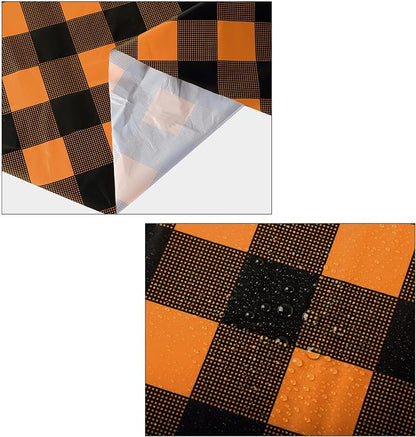 Disposable Checkered Tablecloth Round Plastic Buffalo Plaid Table Cloth 84'' Gingham Tablecover for Picnic Camping BBQ Graduation Party (Orange Black,6 Pieces)