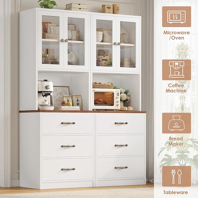 71“ Tall Kitchen Pantry Storage Cabinet with Microwave Stand, Buffet Kitchen Hutch with Shelves and Drawers, Wood Coffee Bar Pantry Cabinet with Glass Doors, for Dining Room/Small Space, White