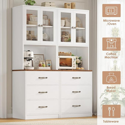 71“ Tall Kitchen Pantry Storage Cabinet with Microwave Stand, Buffet Kitchen Hutch with Shelves and Drawers, Wood Coffee Bar Pantry Cabinet with Glass Doors, for Dining Room/Small Space, White