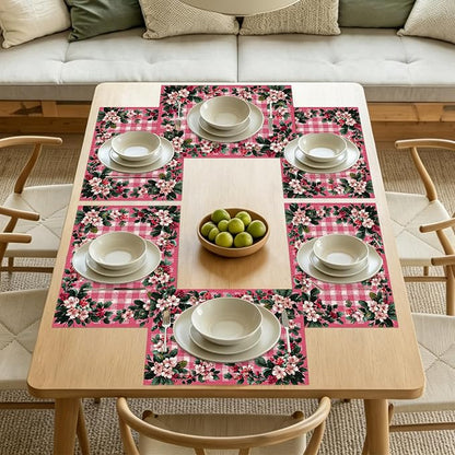 Nuxovilar Tablerunner and Placemats Set of 7 Pink Plaid with Floral Decor Linen Square Placemats for Dining Dining Sets and Accessories Brunch, Afternoon Tea, Ladies’ Gatherings