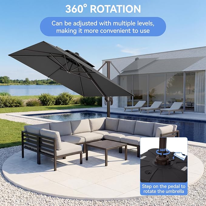 10x10FT Cantilever Outdoor Patio Umbrellas，Double Top Large Square Umbrella Heavy Duty 360°Rotation Offset Outdoor Sun Shade Umbrella for Garden Deck Pool Backyard Patio, Grey