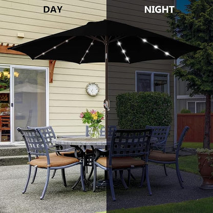 9ft Patio Umbrella with Solar Lights, Outdoor Umbrella with 24 LED Solar Umbrella Lights, Solar Patio Umbrella with Push Botton Tilt & Crank Ideal for Garden, Backyard & Pool, Black