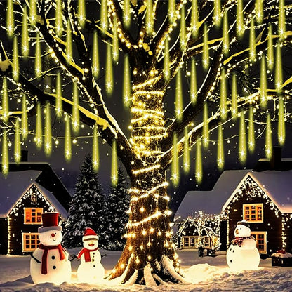Weepong Christmas Lights Outdoor Falling Rain Meteor Shower Lights 12 inch 8 Tube 192 LED Snowfall Icicle Cascading String Light for Xmas Tree Christmas Decorations Holiday Garden, UL Plug,Warm White