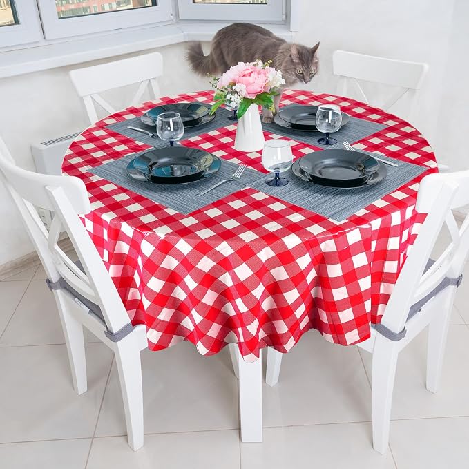 Disposable Checkered Tablecloth Round Plastic Buffalo Plaid Table Cloth 84'' Gingham Tablecover for Picnic Camping BBQ Graduation Party(Red White,12 Pieces)