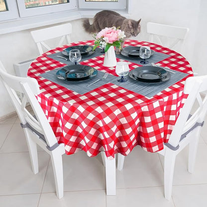 Disposable Checkered Tablecloth Round Plastic Buffalo Plaid Table Cloth 84'' Gingham Tablecover for Picnic Camping BBQ Graduation Party(Red White,12 Pieces)