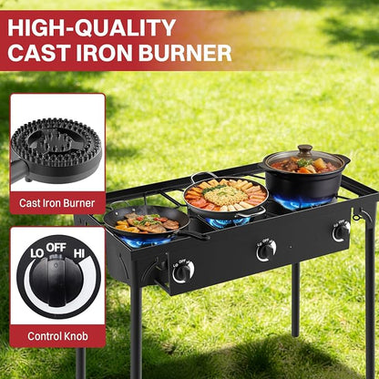 3 Burner Propane Camp Stove | 225,000 BTU | High Pressure Gas Burners | CSA Certified | Waterproof Cover | Detachable Legs | Ideal for Camping Tailgating Backyard Outdoor Cooking