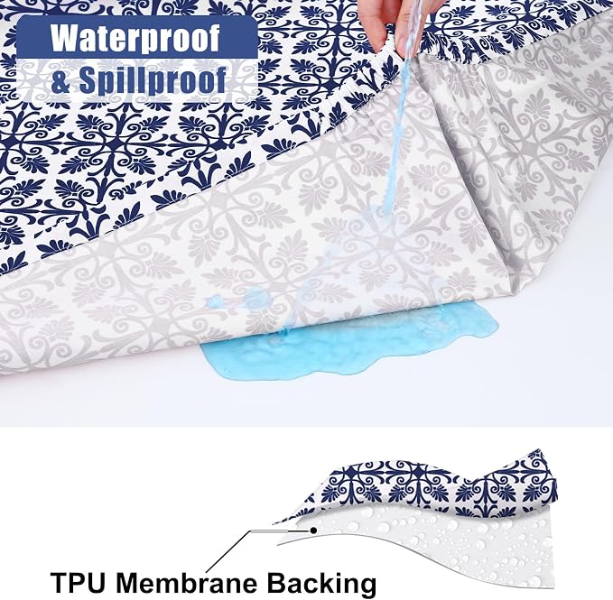 Smiry Picnic Table Cover with Bench Covers, Waterproof Elastic Fitted Tablecloth for 6 Foot Tables, Washable Polyester Tablecloths for Camping, Indoor & Outdoor (Indigo & White, 30x72 Inch 3-pc Set)