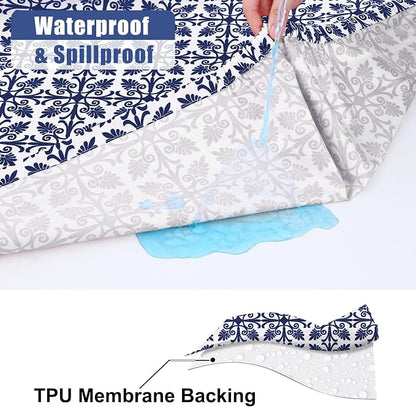 Smiry Picnic Table Cover with Bench Covers, Waterproof Elastic Fitted Tablecloth for 6 Foot Tables, Washable Polyester Tablecloths for Camping, Indoor & Outdoor (Indigo & White, 30x72 Inch 3-pc Set)