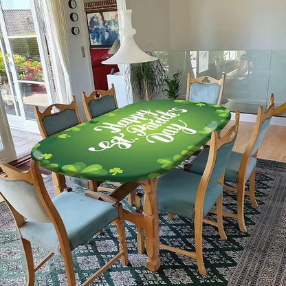 Happy St, Patrick's Day Oval Fitted Table Cloths, Green Clover Leaves Pattern Print Polyester Tablecloth, 60x84 Inch, Elastic Edged Oblong Fitted Table Covers for Spring Holiday Party and Dinner Use