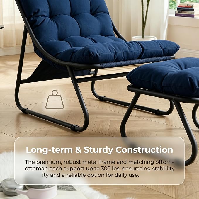 Rocking Chair with Ottoman, Modern Metal Frame Outdoor Rocker, Comfy Patio Lounge Chair with Footrest, Reading Glider Chairs for Living Room, Bedroom, Balcony, Garden, Relax, Navy Blue