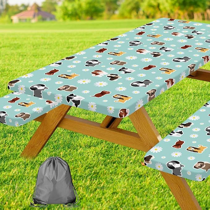 Cute Dog Picnic Table Cover with Bench Covers Camping Essentials Waterproof Windproof Funny Animal Daisy Flower Table Cover Fitted Tablecloth Cover with Elastic Edge for Outdoor 3 PCS 30x96 Inch