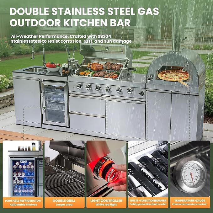 112" Outdoor Kitchen Island,Stainless Steel Propane BBQ Grill with Standalone Side Burner Pizza Oven, Rotisserie, Refrigerator, Granite Countertop, Storage Cabinets & Drawers 108000 BTU.