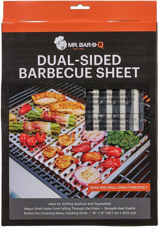 Mr. Bar-B-Q 06039Y Dual Sided Reusable BBQ Sheet | Commercial Grade Stainless Steel | Easy to Use Grilling Accessories | Perfect for Covering Messy Grids | Great for Delicate Foods | 12 x 18 Inches, SS