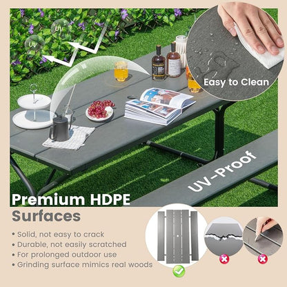 Giantex 6 FT Outdoor Picnic Table Bench Set for 6-8 People, 2400 LBS Capacity Patio Dining Table & 2 Benches with Metal Frame & HDPE, Balcony Conversation Set for Poolside Deck Garden (Gray)