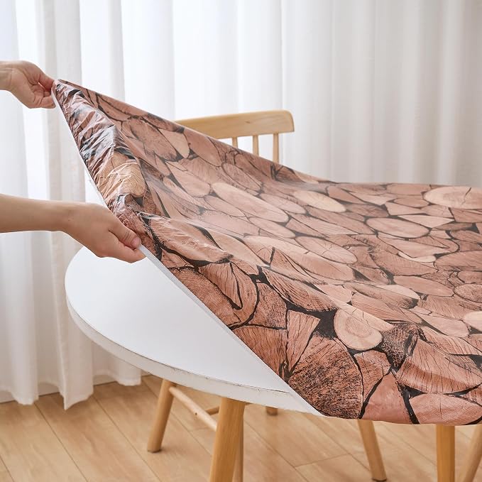 LIBERECOO Round Fitted Tablecloth with Elastic, Flannel Backed Vinyl Tablecloths for 40" - 44" Tables, Waterproof Wipeable Reusable Plastic Table Cloth for Indoor & Outdoor, Rustic Timber Mosaic