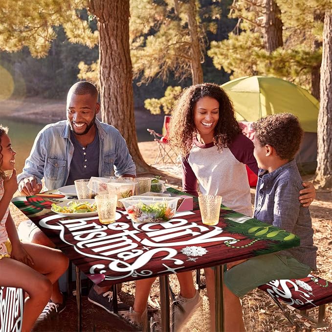 Christmas Picnic Table Cover with Bench Covers, Red Xmas Tree and Snowman Print Elastic Edged Table Cover, 72x28 Inch, Polyester Table Covers for Camping Patio & Picnic Use, Cream, 3 Pieces Set