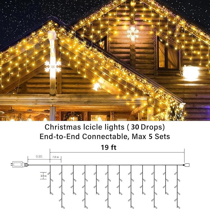 Joomer 19FT Christmas Icicle Lights Outdoor Connectable Warm White | 30 Drops 8 Modes Timer Waterproof Plug-in String Light for Christmas Party, holiday Eaves Roof yard Xmas Decorations
