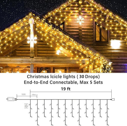 Joomer 19FT Christmas Icicle Lights Outdoor Connectable Warm White | 30 Drops 8 Modes Timer Waterproof Plug-in String Light for Christmas Party, holiday Eaves Roof yard Xmas Decorations