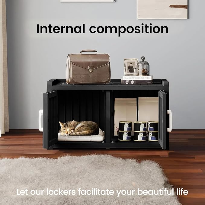 2 Doors Shoe Storage Bench with Cat Cabinet for Entryway, Hallway, Black | 2 Hidden Side Doors Entryway Bench with Seat, Waterproof Resin Shoe Rack for Entryway, Bedroom, Living Room, Indoor/Outdoor