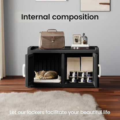 2 Doors Shoe Storage Bench with Cat Cabinet for Entryway, Hallway, Black | 2 Hidden Side Doors Entryway Bench with Seat, Waterproof Resin Shoe Rack for Entryway, Bedroom, Living Room, Indoor/Outdoor