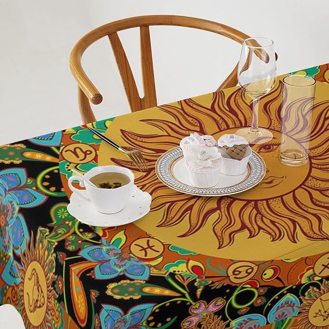 Vintage Boho Sun Tablecloth Wildflower Floral Bohemian Hippie Sun Table Cloth Water Resistant Wipeable Table Cover for Farmhouse Picnic Party Holiday Kitchen Dinner Table 55"x55"