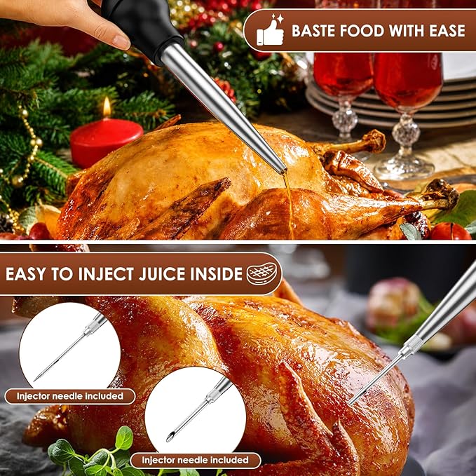 2 Pack Stainless Steel Turkey Baster Syringe for Cooking, Large Meat Injector with 4 Needles & 2 Brushes, Silicone Bulb Baster for BBQ Thanksgiving Kitchen, Dishwasher Safe