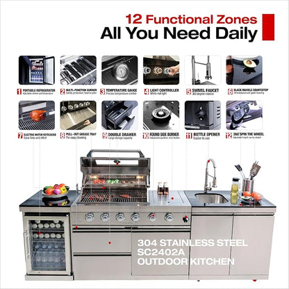 Modular Outdoor Kitchen BBQ Island, Outdoor Kitchen Propane Gas Island Grill with Sink, Compact Refrigerator, Storage Cabinets, Rotisserie Kit (Silver, 98")