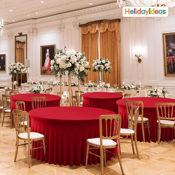 Red Tablecloths Spandex Table Covers for Christmas, 60 Inch Round,6 Pack | Spandex Table Skirts, For 5 Ft Bridal Shower Cake Table, Ruffle Design Banquets, Baby Showers, Parties,Wrinkle Resistant