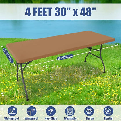 Moosfor Spandex 4 Foot Rectangle Table Cloth, Elastic Fitted Tablecloths for Picnic, Stretch Washable Patio Table Cover for Outdoor, Camping, Banquet and Parties (Light Brown, 30"x48")