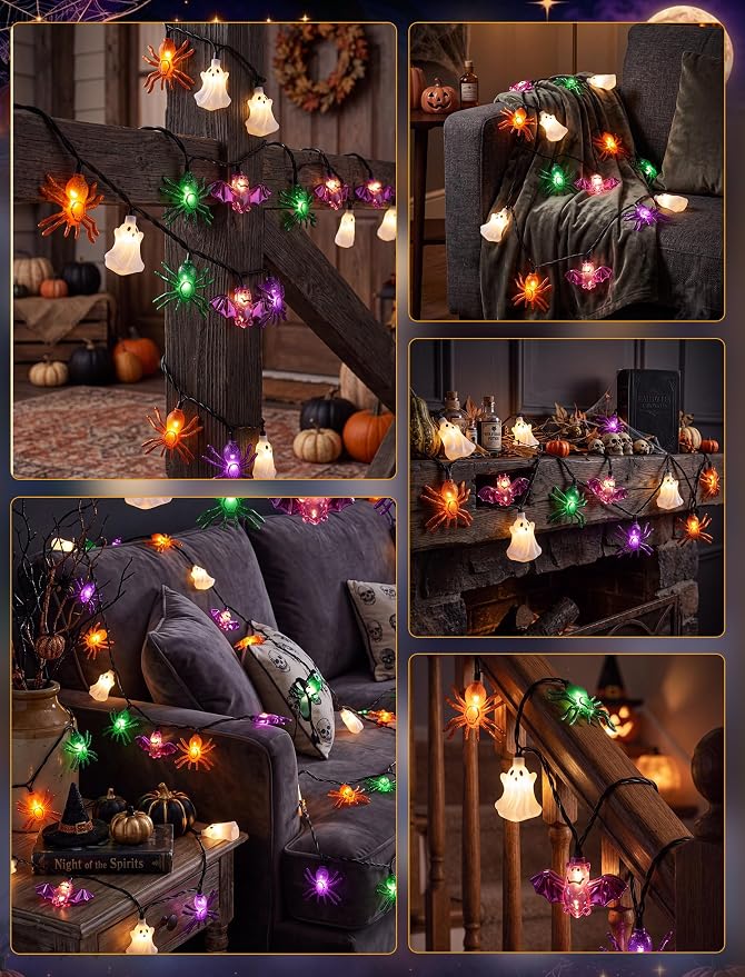 10LED Ghost Bat Spider String Lights, 8.5Ft Halloween Decorations Outdoor | End-to-end Connectable, Waterproof & UL Listed, Plug-in Fairy Lights for Home Window Halloween Party Decor, 2700K Warm White