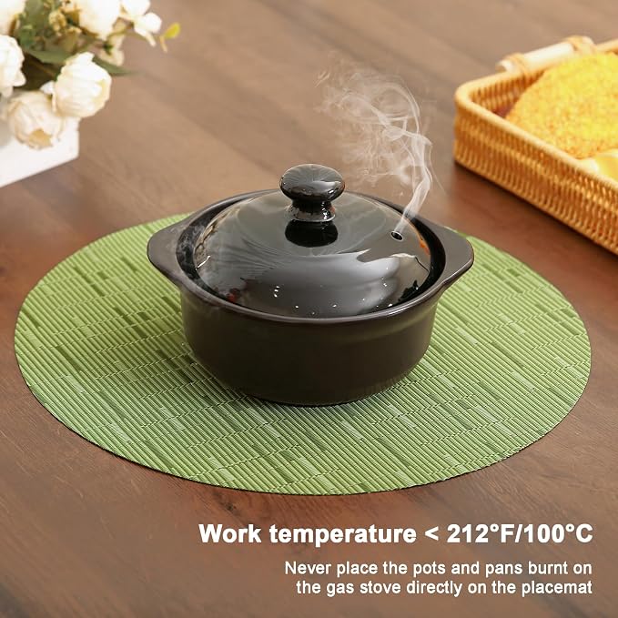 Round Placemats Set of 6 Heat Resistant Vinyl Placemats 15 inch Washable Non-Slip Table Mats Woven Place Mats for Dining Table (Green, Set of 6)