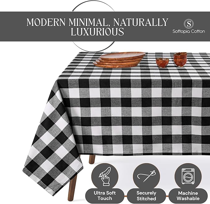Buffalo Plaid Check 60"x84" Tablecloth 100% Cotton Washable Rustic Rectangle Table Cover Decorative for Gifts, Dining, BBQ, Buffet Parties & Camping - Black