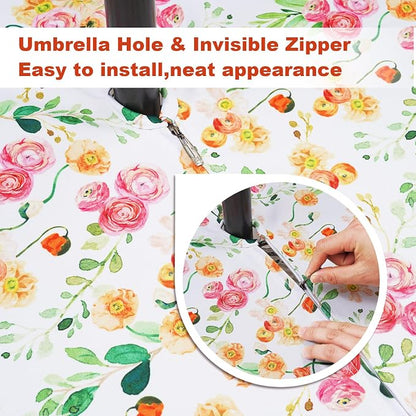 SquarePie Outdoor Tablecloth with Umbrella Hole Rectangle - 60x84 Inch Patio Table Cloth Waterproof Zipper Table Cover for Spring Summer Garden Camping Poolside Picnic BBQS, Rose Floral