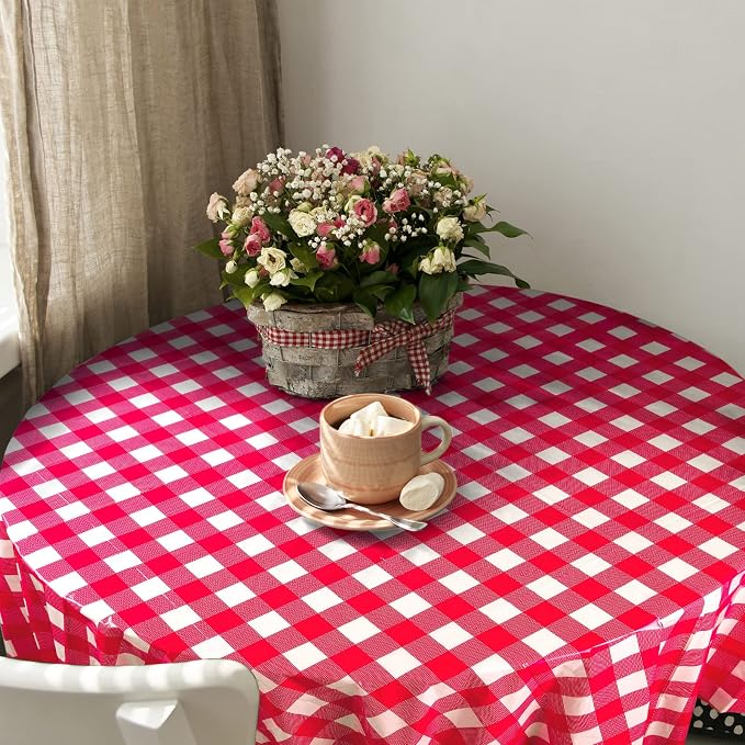 Disposable Checkered Tablecloth Round Plastic Buffalo Plaid Table Cloth 84'' Gingham Tablecover for Picnic Camping BBQ Graduation Party(Red and White,3 Pieces)