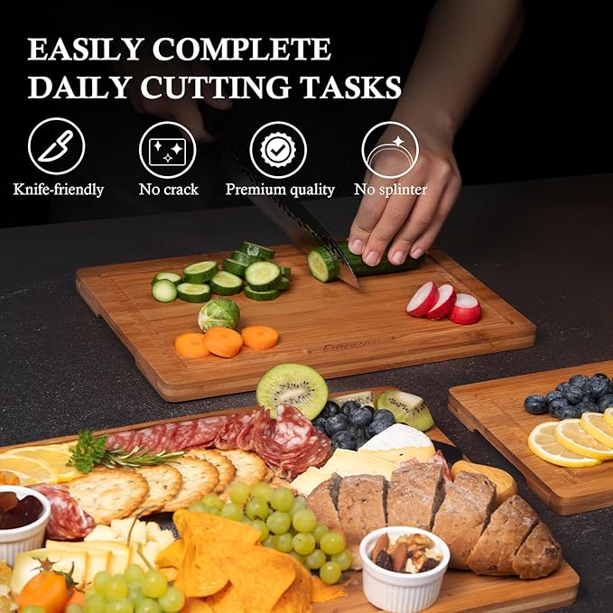 Empune Bamboo Cutting Boards for Kitchen, 3 Piece Extra Thick Cutting Board Set with Juice Groove, Deep Carbonized Bamboo Chopping Board, Reversible Wood Cutting Board for charcuterie boards, Brown