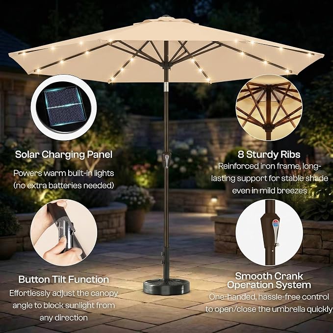 10FT Solar Lighted Patio Umbrella, Outdoor Table Market Umbrellas with Push Button Tilt and Crank, 32 LED Lights, 8 Sturdy Ribs, UV-Resistant for Deck, Garden, Pool