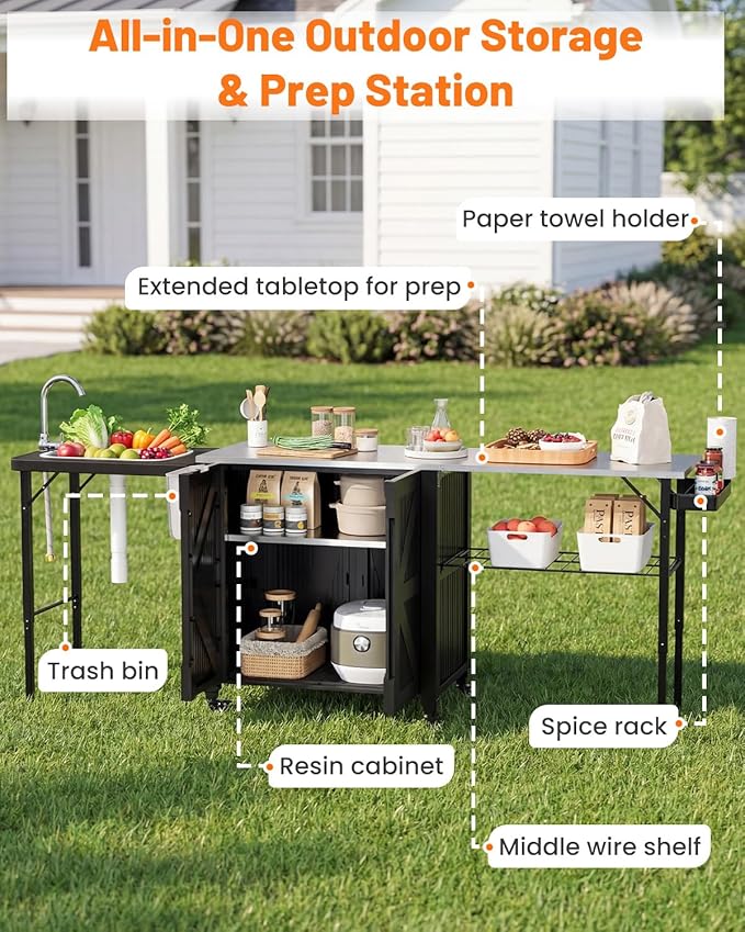 AECOJOY Outdoor Grill Cart Table with Sink, Portable Folding Outdoor Kitchen Island with Storage Cabinet, Stainless Steel Rolling Grill BBQ Food Prep Station with Wheels for Patio, Backyard