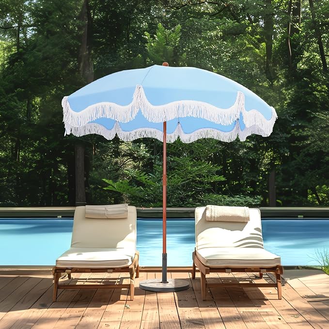 7ft Patio Beach Umbrella with Fringe, Outdoor Umbrella for Poolside, Blue | MFSTUDIO Tassel Umbrellas UPF50+ with Sand Anchor & Tilt Button, Holiday Outdoor Umbrella with Carry Bag, Ideal for Garden
