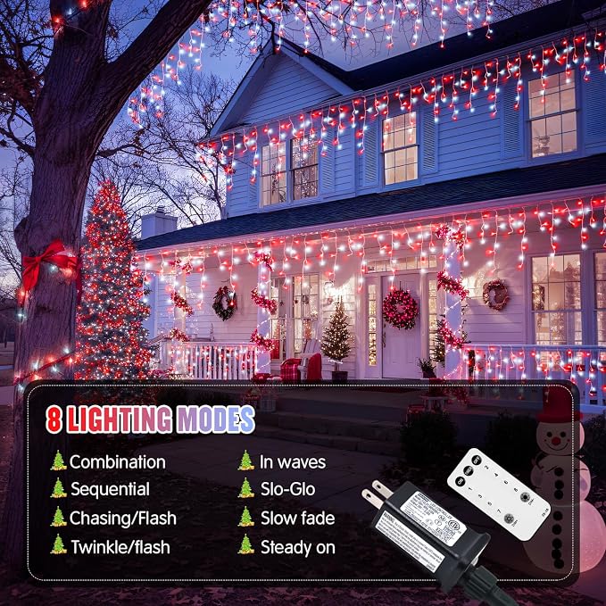 JMEXSUSS 400 LED 38.8 Ft Red and White Icicle Christmas Lights for Outside | Connectable Icicle String Lights Plug in with Remote, 8 Modes Christmas Lights Indoor Outdoor for Party Christmas Eave Decor